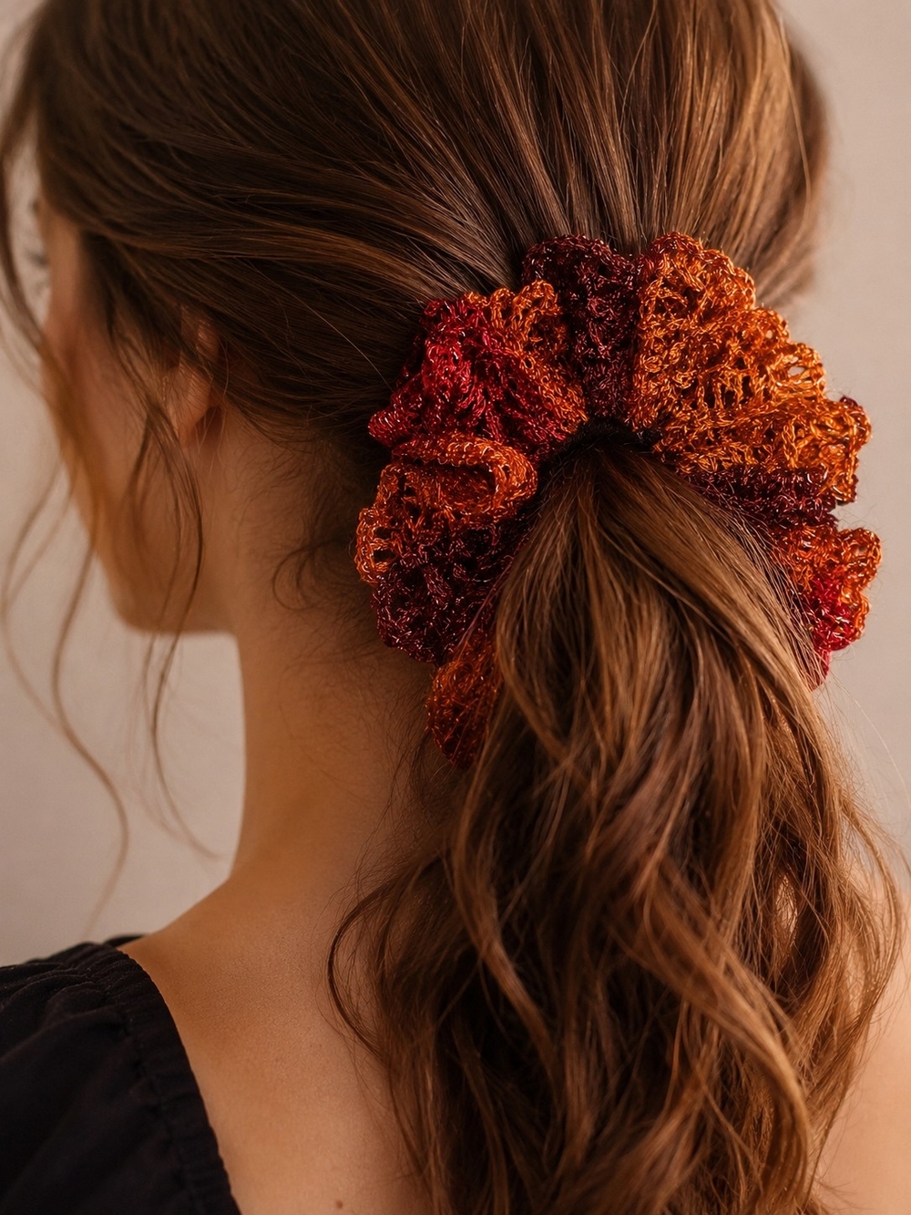Handmade Crochet Textured Ruffle Scrunchie Orange & Red Like New